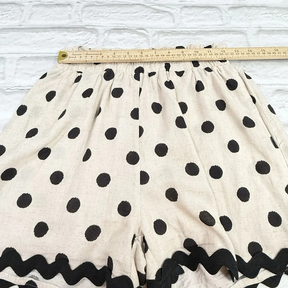 Aaron & Amber Linen Blend Shorts Khaki Black Polkadot Scalloped Hem Flowy Boho S